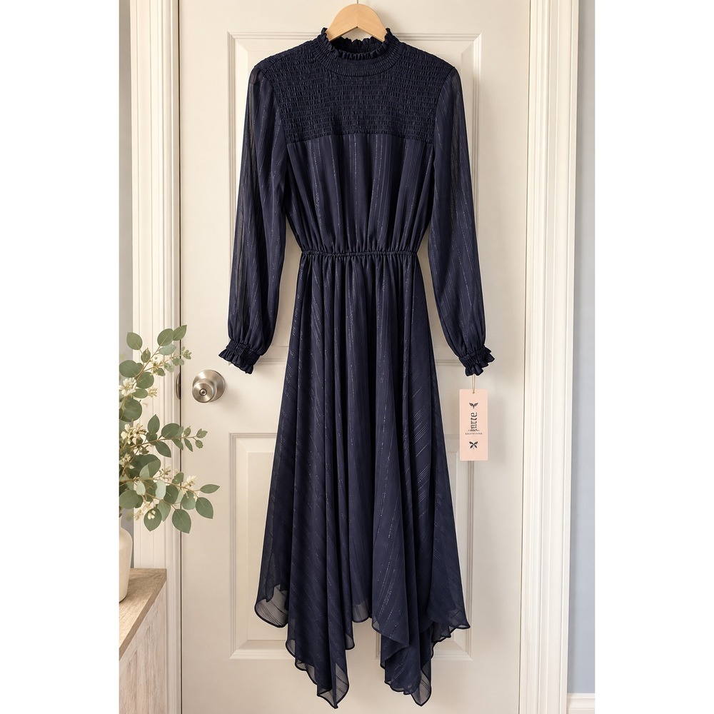 Nanette Nanette Lepore NWT Navy Smocked Metallic Stripe Midi Dress Size 4 Boho